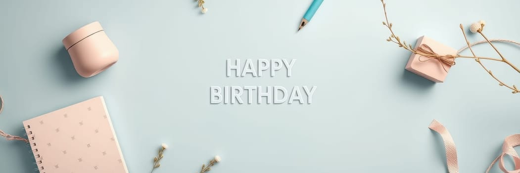 Colorful decorations including a gift box, cream jar, and pen surround the phrase happy birthday on a soft blue surface, creating a festive atmosphere for a birthday celebration.