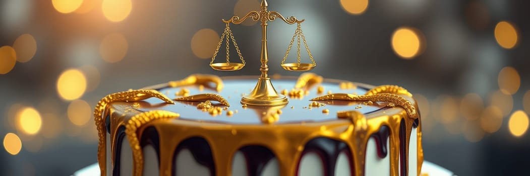 A beautifully designed cake features glossy icing with golden scales on top, representing justice. The background has soft bokeh lights, enhancing a festive atmosphere.