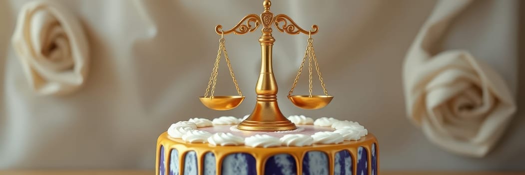 A beautifully crafted cake featuring a delicate set of golden scales, symbolizing balance. The cake is adorned with white frosting and blue details, set against a neutral backdrop.