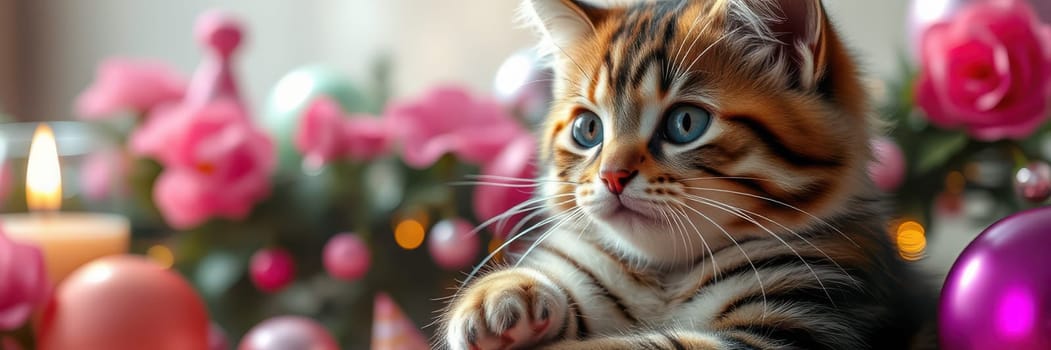 A charming kitten with striking stripes and blue eyes sits amidst vibrant pink roses and shining ornaments, creating an inviting festive atmosphere in a cozy indoor space.
