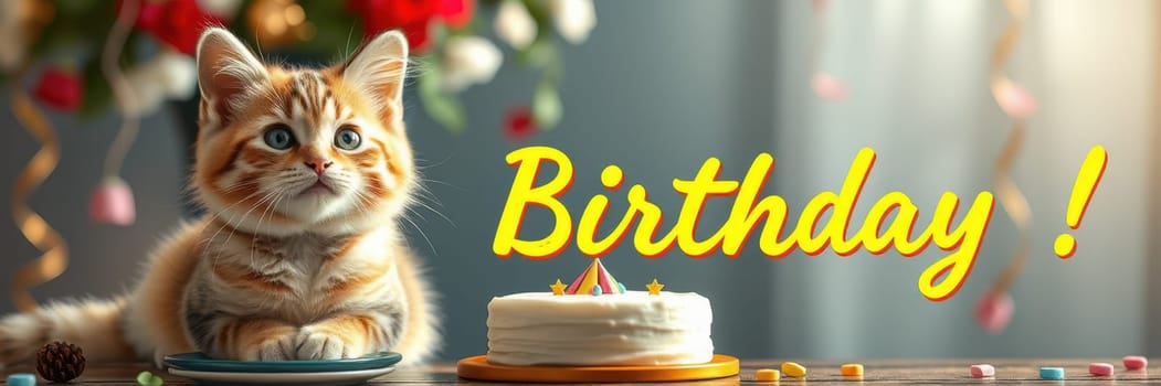 A cheerful kitten sits beside a decorated birthday cake, looking curiously at the vibrant party atmosphere with colorful decorations and a festive vibe.