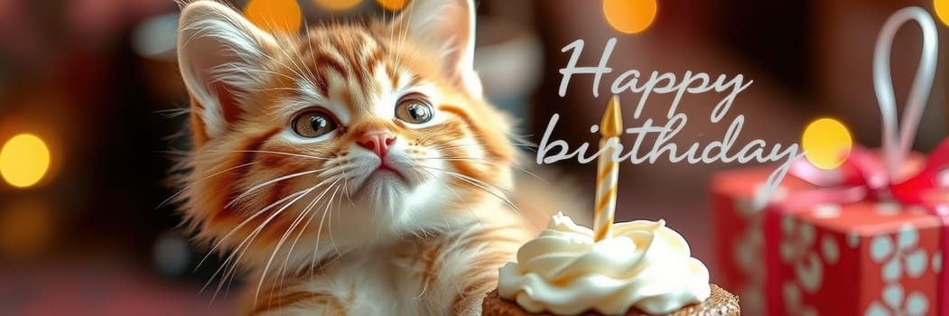 A fluffy kitten looks eagerly at a decorated cupcake with a candle, surrounded by cheerful birthday decorations and soft lights, creating a joyful atmosphere.