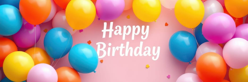Brightly colored balloons in various shades encircle a cheerful Happy Birthday message, creating a festive atmosphere perfect for a joyful celebration.