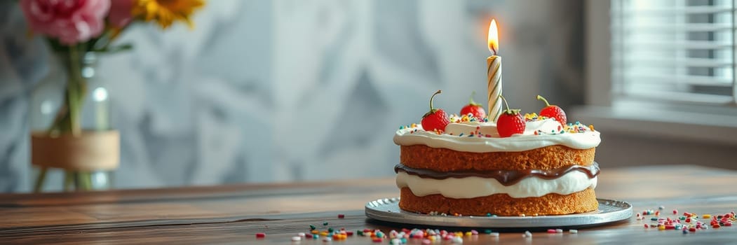 A beautifully decorated cake sits on a wooden table, featuring a single candle and colorful sprinkles. Fresh cherries and cream enhance its festive appeal, surrounded by flowers and soft lighting.
