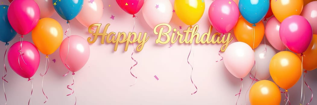 A vibrant display of balloons in various colors, including pink, orange, and blue, adorns the wall for a birthday celebration. The golden text wishing happy birthday adds to the festive mood.