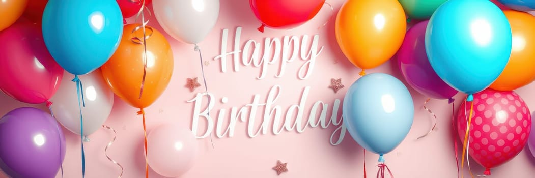 A vibrant display of balloons in various colors hangs against a pink backdrop with a cheerful birthday greeting, perfect for a joyful celebration or party gathering.