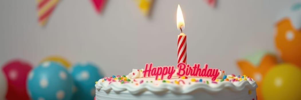 A birthday cake adorned with sprinkles and a “Happy Birthday” sign sits on a table. A single red and white candle flickers amid vibrant balloons and festive decorations.