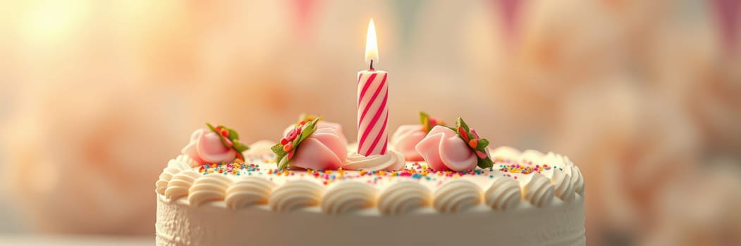 A beautifully decorated birthday cake features pink flowers, colorful sprinkles, and a lit candle. The warm ambiance captures the joy of celebration and togetherness.