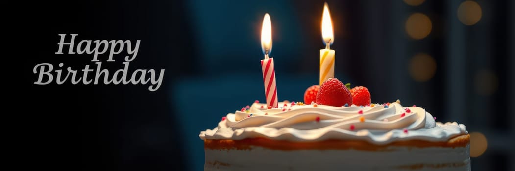 A beautifully decorated cake sits on a table, topped with strawberries and two lit candles. The atmosphere is celebratory, perfect for a joyful birthday gathering with friends and family.