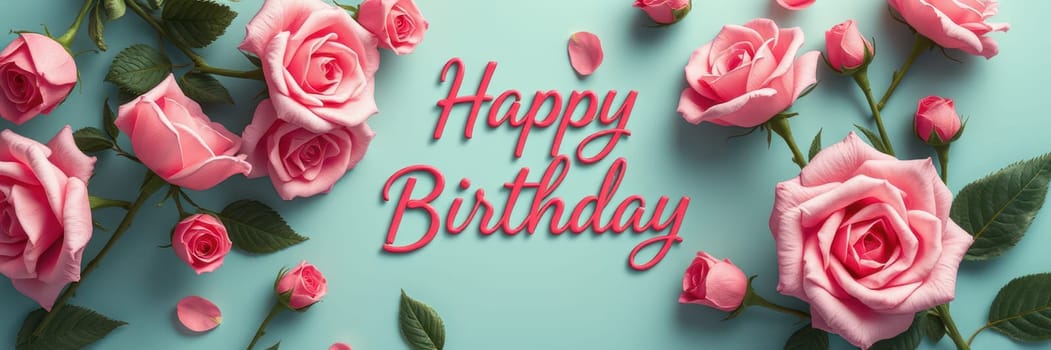 Vibrant pink roses surround a joyful birthday greeting against a soft turquoise backdrop, creating a festive atmosphere for a special occasion.