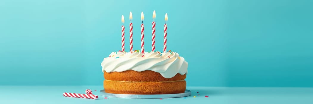 A delicious birthday cake with white icing and colorful sprinkles features six candles on top, set against a vibrant blue backdrop perfect for celebrations.