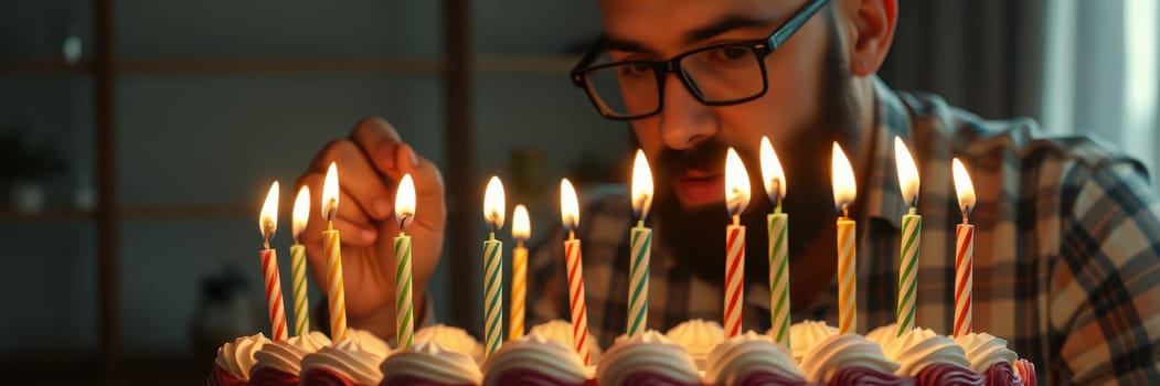 A man prepares to blow out the candles on a festive cake at his birthday celebration. The warm glow from the candles fills the room with joy.