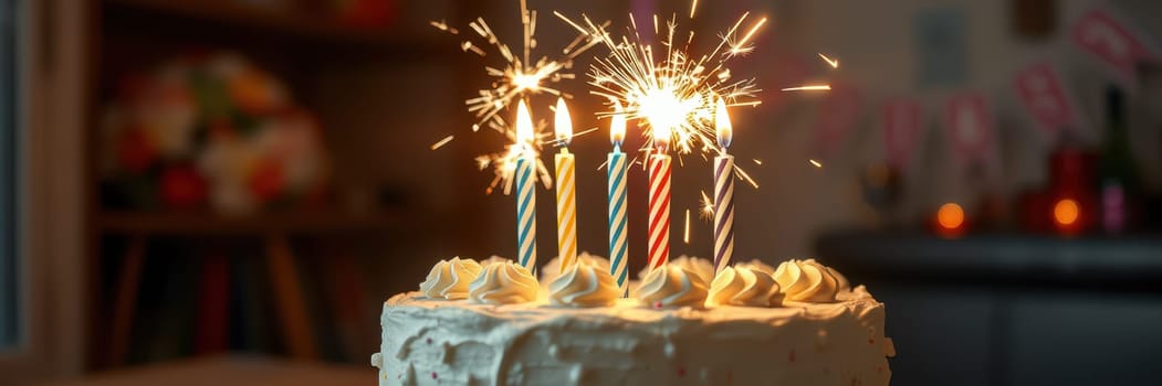 Friends gather to celebrate a special birthday, featuring a beautifully decorated cake with lit candles. The warm ambiance is perfect for festivities and joy.