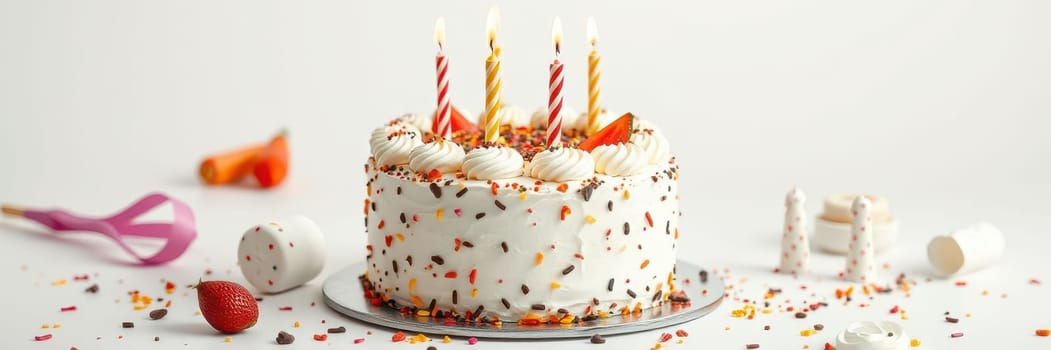 A vibrant birthday cake sits on a silver platter, decorated with colorful sprinkles and candles. There are scattered sweets and strawberries around the cake, creating a festive atmosphere.