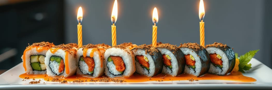 Colorful sushi rolls are beautifully arranged on a white plate, topped with spicy sauce and garnished with a green leaf, while candles flicker next to them, marking a festive celebration.