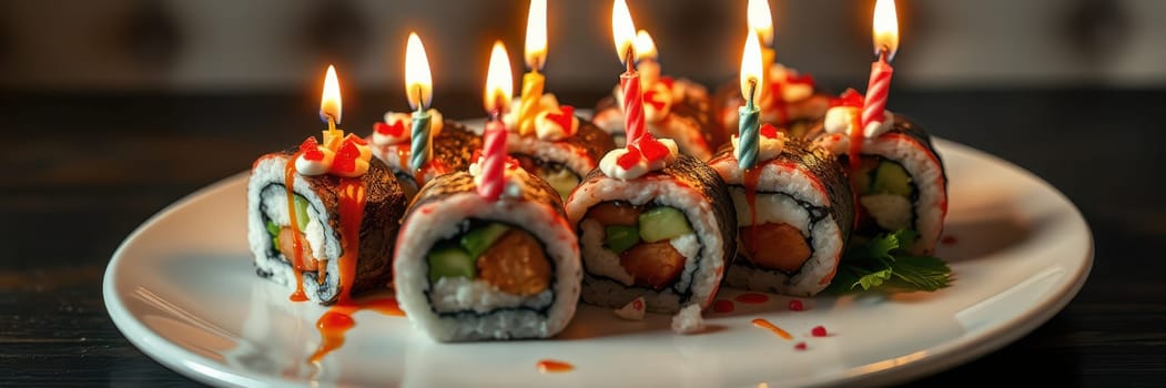A creative sushi cake is displayed on a white plate, decorated with colorful candles and toppings. This festive dish is ideal for special occasions, bringing a playful twist to traditional sushi.