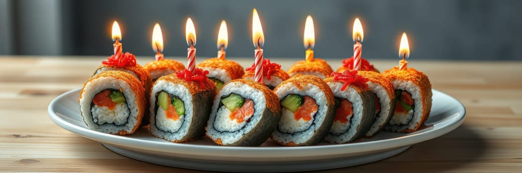 A platter of vibrant sushi rolls is artistically arranged with lit candles on top, creating a celebratory atmosphere perfect for a birthday or special occasion.