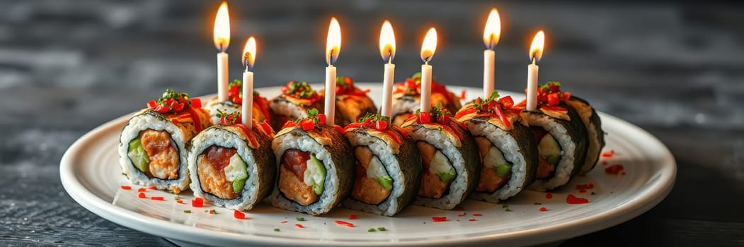 A decorative platter holds sushi rolls topped with vibrant garnishes, accompanied by lit candles for a festive birthday celebration.