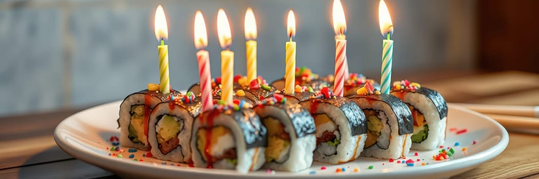 A creative sushi cake arranged on a white plate, decorated with colorful candles on top. The setting features a wooden table, ideal for festive gatherings and celebrations.