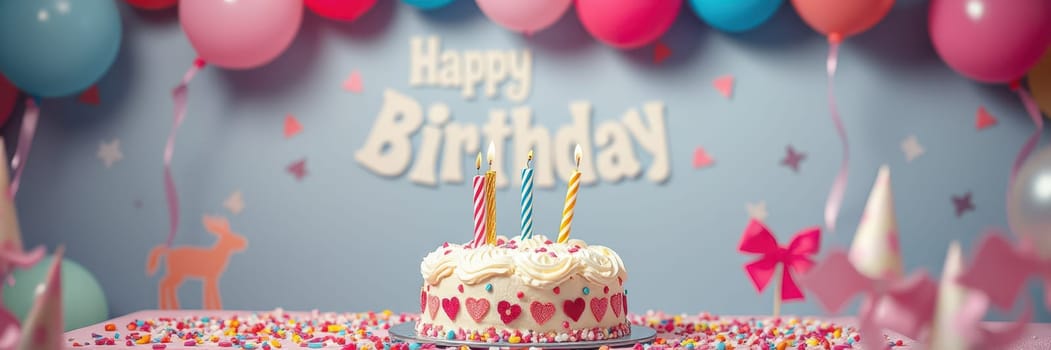 A vibrant birthday party setup features a decorated cake with candles, surrounded by colorful balloons and cheerful decorations, perfect for a joyful celebration.