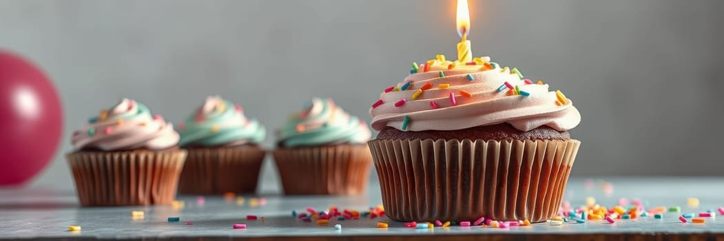 A delicious chocolate cupcake with frosting and a lit candle stands prominently on a wooden table. More cupcakes with sprinkles are in the background, celebrating a festive occasion.