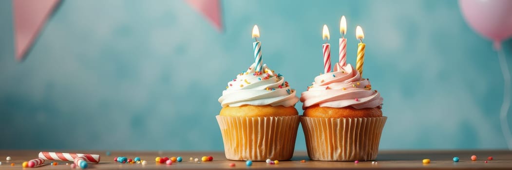 Cupcakes topped with blue and pink frosting feature colorful candles, making them perfect for a birthday celebration. Bright sprinkles add joy to the festive atmosphere.