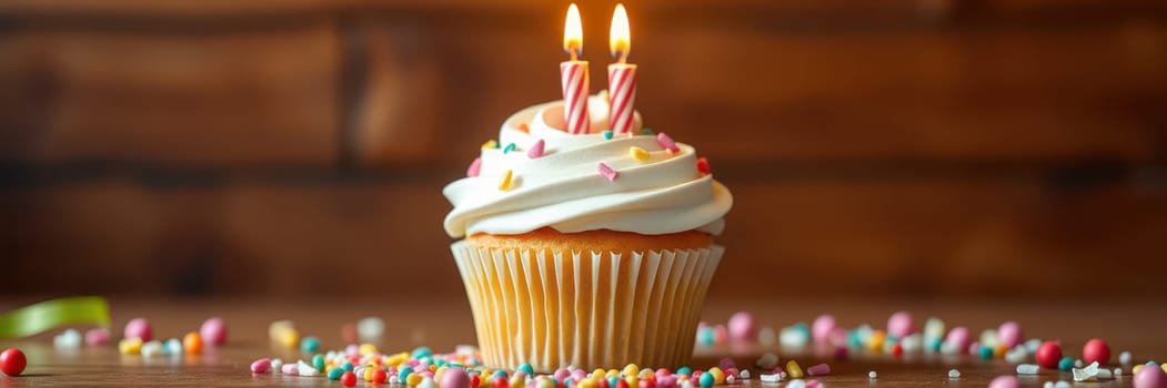 A beautifully decorated cupcake topped with whipped cream and two lit candles sits on a wooden table. Colorful sprinkles surround the cupcake, adding to the festive atmosphere.