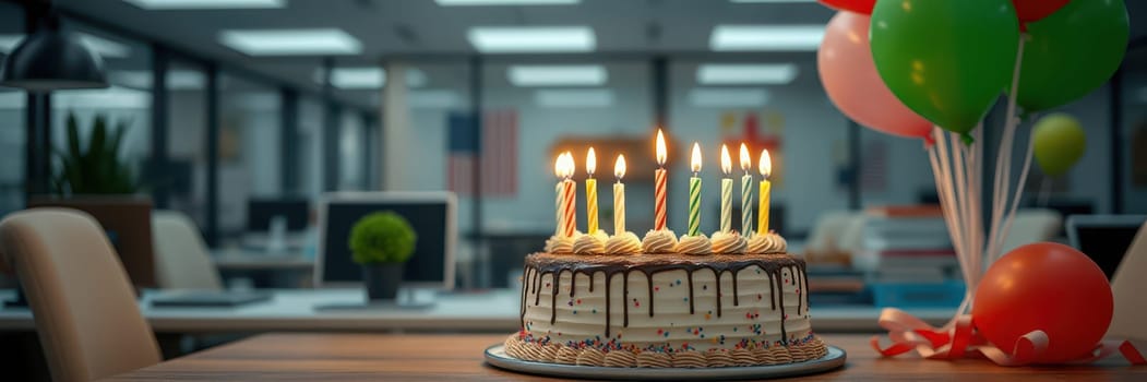 A beautifully decorated cake with lit candles sits on a table in a contemporary office. Colorful balloons and cheerful decorations enhance the festive atmosphere, perfect for a celebration.