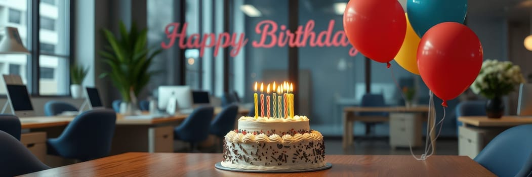 A birthday cake adorned with candles sits on a table in a contemporary office. Colorful balloons float nearby, while a cheerful message of celebration is displayed in the background.