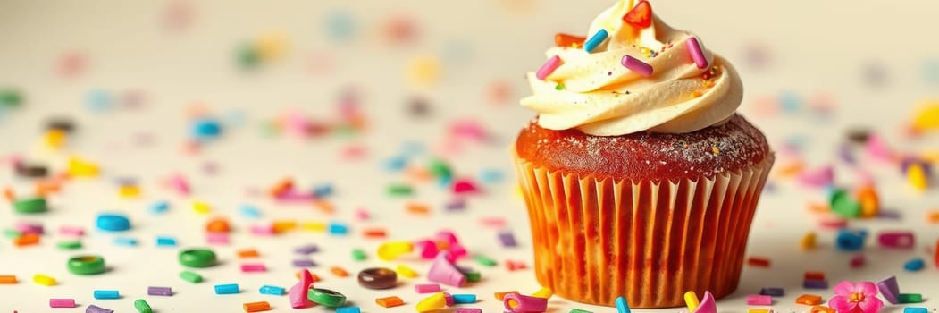 A delicious, freshly baked cupcake topped with creamy frosting and colorful sprinkles sits amidst a playful scattering of candy and confetti, creating a joyful atmosphere.