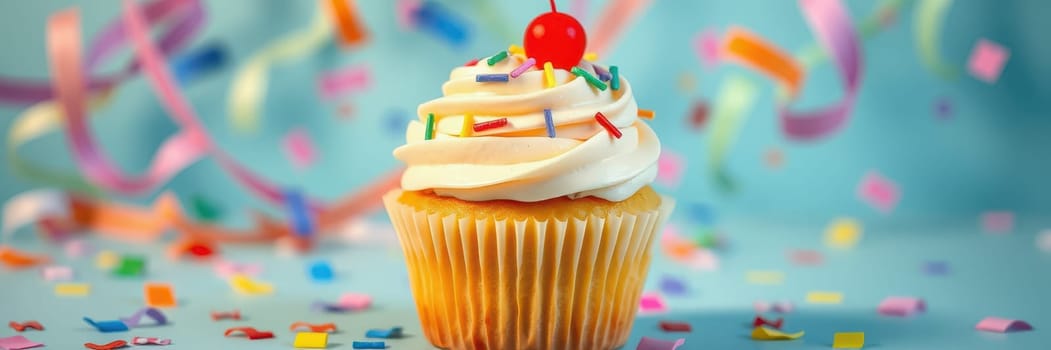 A delicious cupcake topped with creamy frosting, colorful sprinkles, and a cherry sits on a table surrounded by vibrant confetti, creating a festive atmosphere perfect for celebrations.