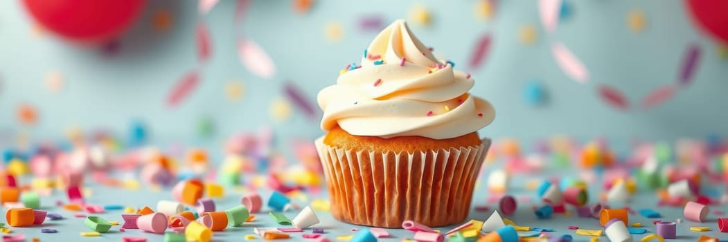 A single cupcake topped with creamy frosting sits in the center, adorned with colorful sprinkles against a backdrop of joyful confetti, perfect for celebrations.