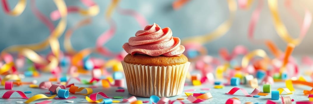 A delicious cupcake topped with pink swirled frosting stands proudly amidst a vibrant display of colorful confetti, creating a joyful atmosphere perfect for any celebration.