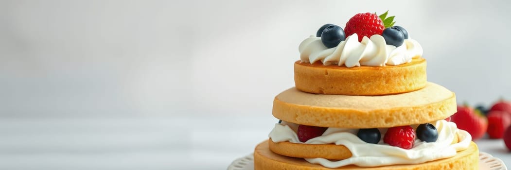 A beautifully layered cake is decorated with whipped cream and fresh berries, showcasing a delightful combination of flavors. Perfect for a special celebration or gathering.