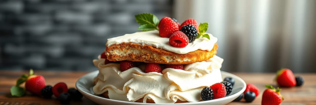 A beautifully crafted layered cake sits on a white plate, adorned with an assortment of fresh berries and cream. The setting features a warm, inviting atmosphere accentuated by natural light.