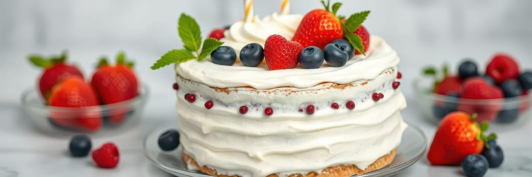 A beautifully decorated layered cake sits on a silver plate, adorned with strawberries, blueberries, and a creamy topping, ideal for a birthday or special celebration.