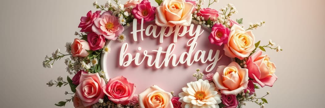 A stunning floral display features a mix of roses and daisies surrounding a cheerful birthday greeting. The soft colors and elegant arrangement create a festive atmosphere.