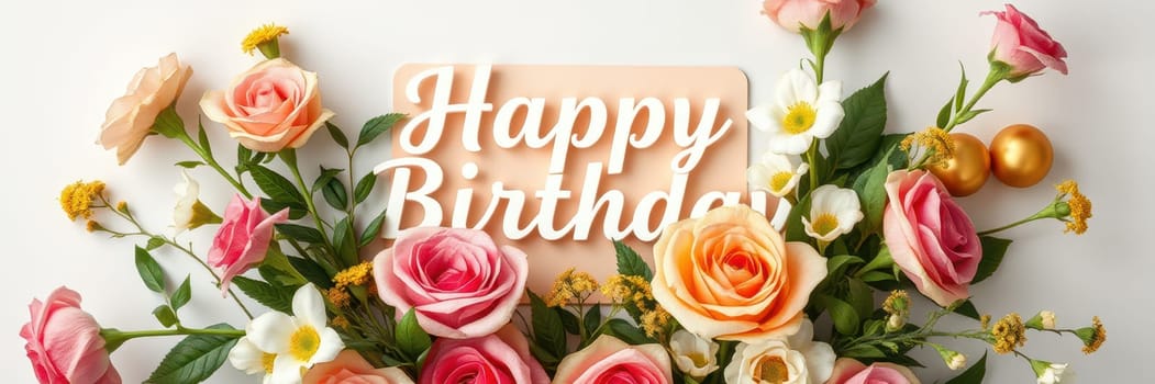 Colorful roses of various shades surround a lovely birthday message. The arrangement includes flowers and decorative elements, creating a joyful and festive atmosphere.
