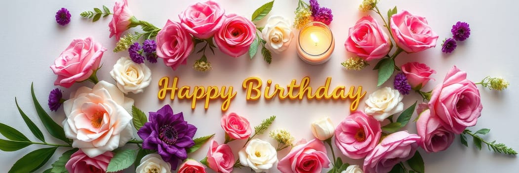 A lovely display of colorful roses and seasonal flowers surrounds a lit candle and a birthday message, creating an inviting atmosphere for celebration and joy.