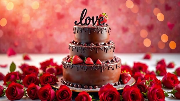 Three-tier chocolate cake with strawberries and the word "LOVE" on top of the cake with red roses lie around the plate with the cake. AI generated.