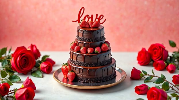 Three-tier chocolate cake with strawberries and the word "LOVE" on top of the cake with red roses lie around the plate with the cake. AI generated.