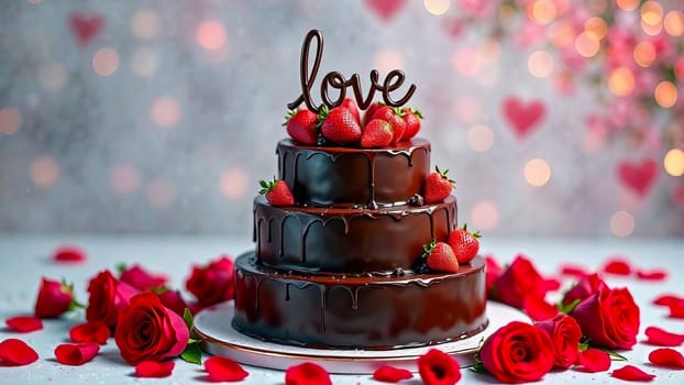 Three-tier chocolate cake with strawberries and the word "LOVE" on top of the cake with red roses lie around the plate with the cake. AI generated.