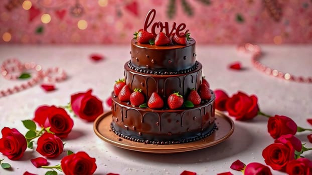Three-tier chocolate cake with strawberries and the word "LOVE" on top of the cake with red roses lie around the plate with the cake. AI generated.
