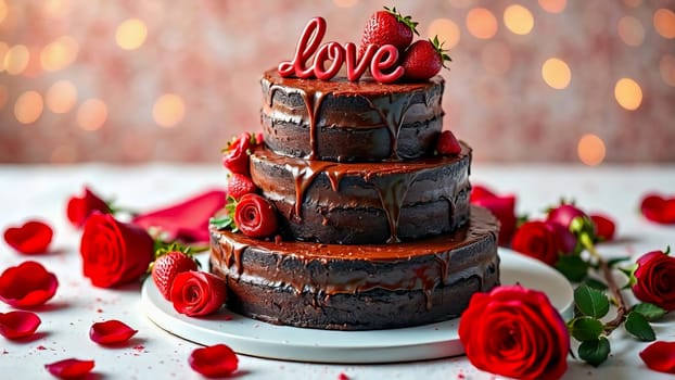 Three-tier chocolate cake with strawberries and the word "LOVE" on top of the cake with red roses lie around the plate with the cake. AI generated.