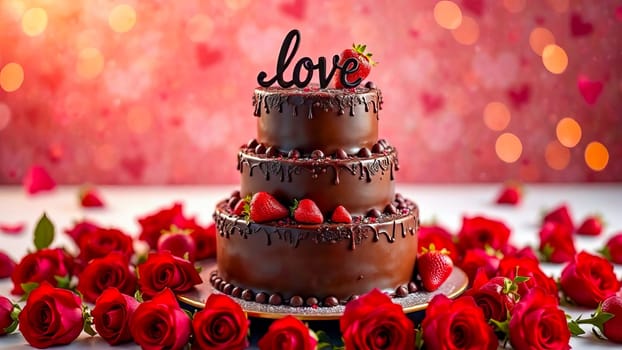 Three-tier chocolate cake with strawberries and the word "LOVE" on top of the cake with red roses lie around the plate with the cake. AI generated.