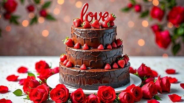 Three-tier chocolate cake with strawberries and the word "LOVE" on top of the cake with red roses lie around the plate with the cake. AI generated.