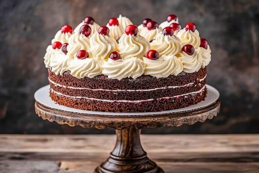 A Christmas cake with white cream and cranberries on a stand. AI generated.