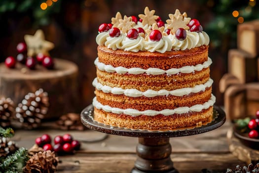 A Christmas cake with white cream and cranberries on a stand. AI generated.