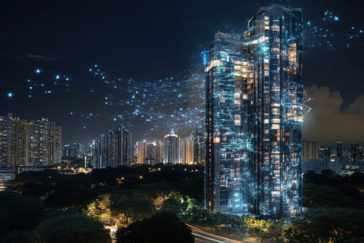 A stunning night view of a futuristic building illuminated with digital lights amidst a vibrant city skyline. The scene captures modern urban life and technology.