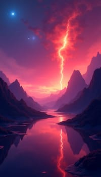 A vibrant sunset illuminates a serene river, reflecting a dramatic lightning bolt striking through the colorful sky above the mountains - phone wallpaper - Generative AI